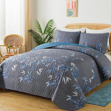 Load image into Gallery viewer, Botanical Navy Leaves Reversible 3 Piece Bedding Quilt Set
