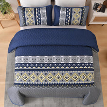 Load image into Gallery viewer, Boho Aztec Navy &amp; Grey Reversible 3 Piece Quilt Set
