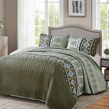 Load image into Gallery viewer, Boho Aztec Olive Green Reversible 3 Piece Quilt Set
