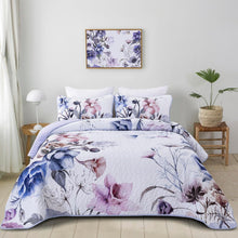 Load image into Gallery viewer, Botanical Purple &amp; Light Blue Floral Reversible 3 Piece Quilt Set
