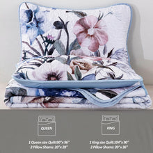 Load image into Gallery viewer, Botanical Purple &amp; Light Blue Floral Reversible 3 Piece Quilt Set
