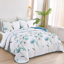 Load image into Gallery viewer, Blue &amp; Teal Wild Flowers 3 Piece Bedding Quilt Set
