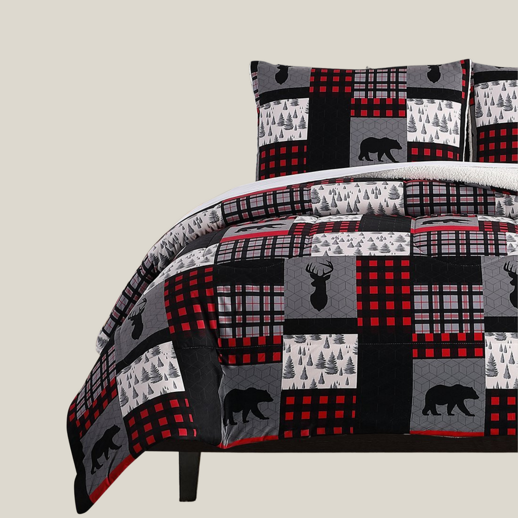 Black / Grey Patchwork Sherpa 3 Piece Comforter Set 