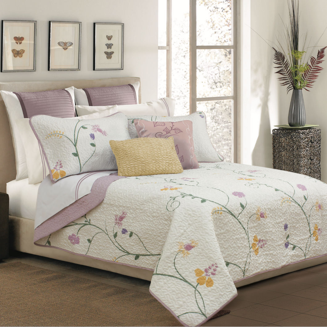 Pink / Yellow Floral 3 Piece Bedding Quilt Set