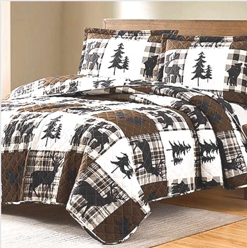 Brown & White Deer - 3 Piece Patchwork Quilt Set