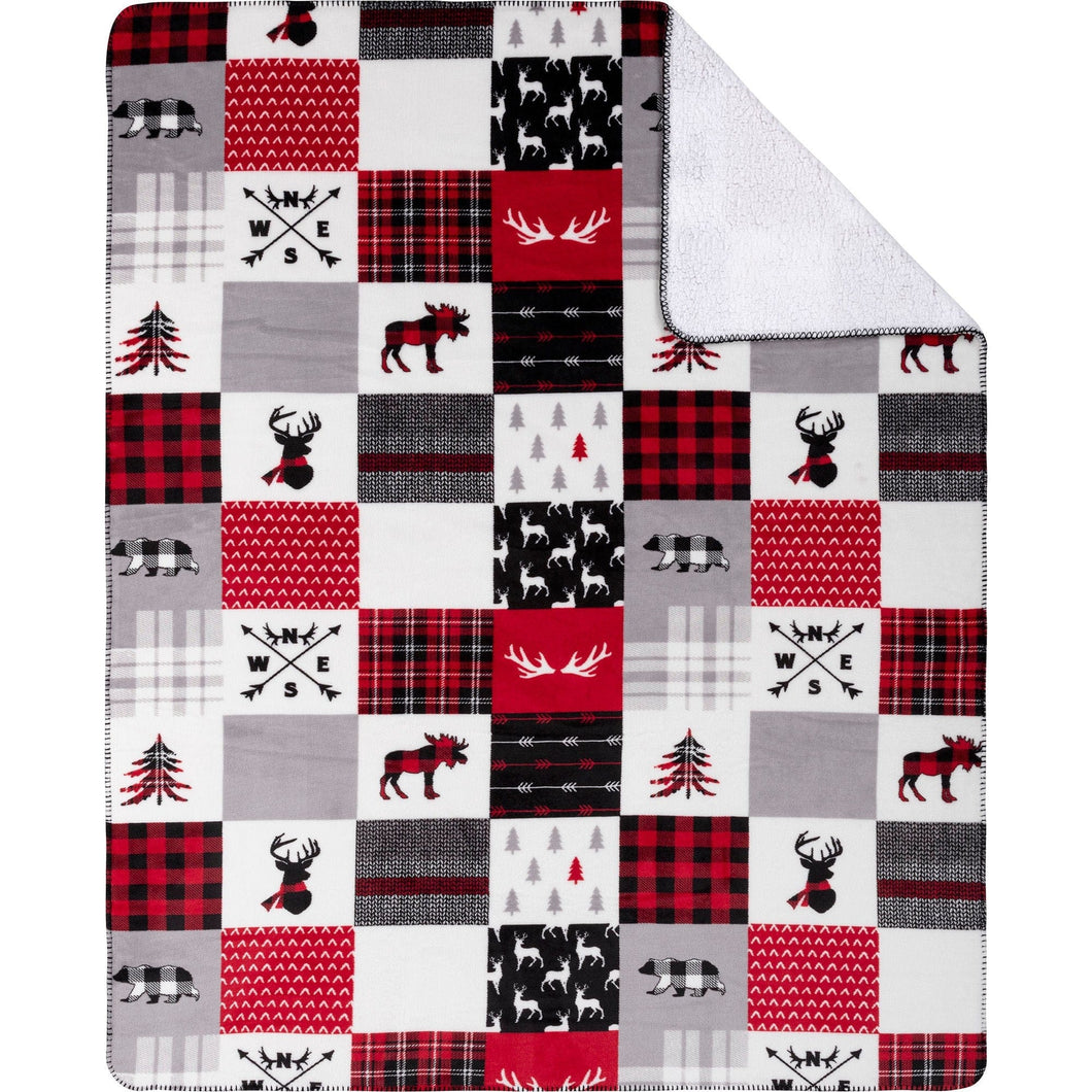Safdie Blankets & Throws Forest Patchwork Flannel Sherpa Fleece Throw Blanket