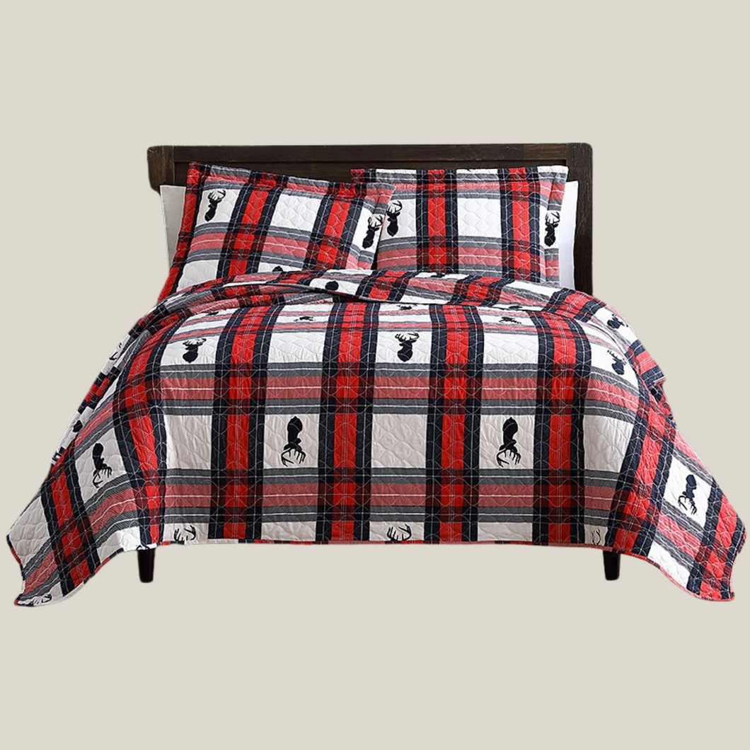 Country Reindeer Plaid 3 Piece Bedding Quilt Set