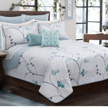 Load image into Gallery viewer, Bring the outside in with this beautiful and elegant quilt set. Subtle refreshing purple and teal spring blossoms are set on a white background.
