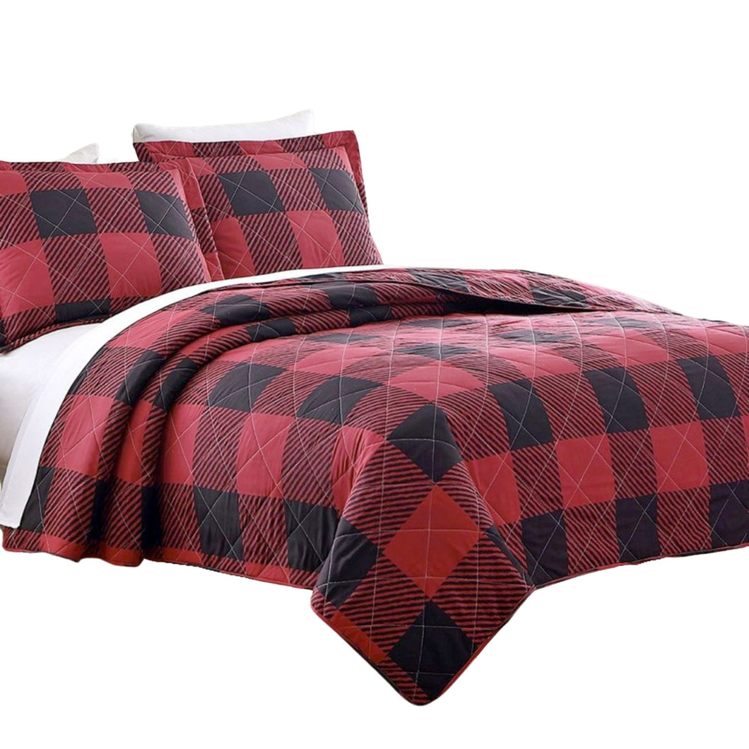 Red Black Buffalo Plaid 3 Piece Bedding Quilt Set