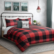 Load image into Gallery viewer, Red Black Buffalo Plaid 3 Piece Bedding Comforter Set
